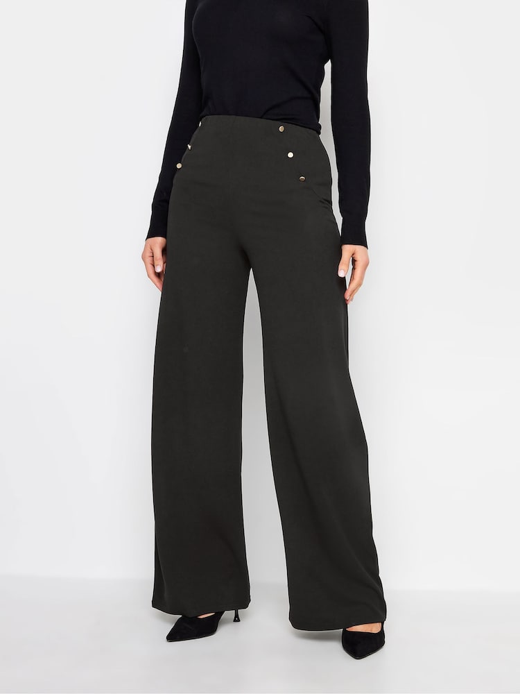 Long Tall Sally Black Button Detail Wide Leg Trousers - Image 1 of 4