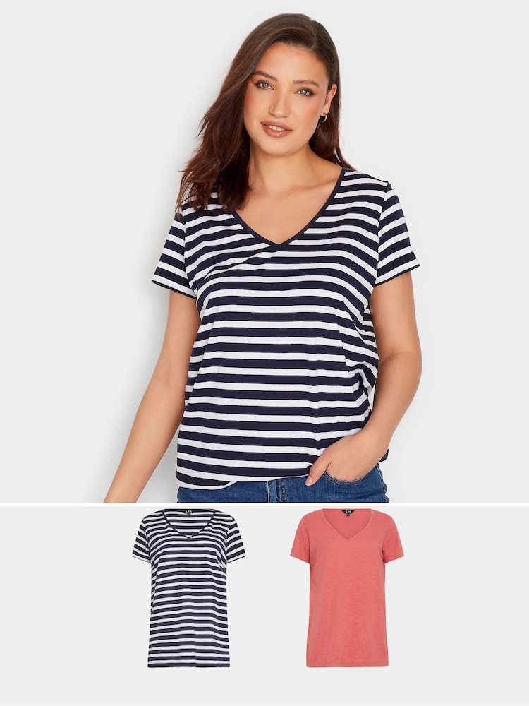 Long Tall Sally Navy Blue & Coral Pink 100% Cotton Stripe Short Sleeve T-Shirts 2 Pack - Image 1 of 5