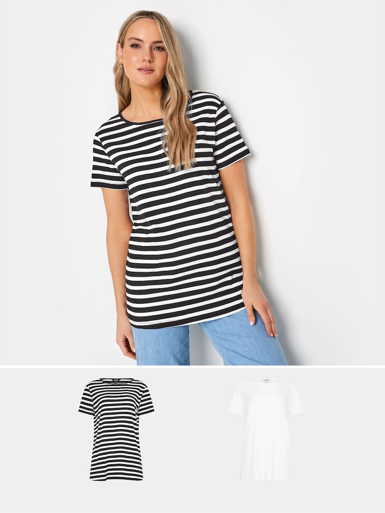 Long Tall Sally Black/White 100% Cotton Stripe Short Sleeve T-Shirts 2 Pack - Image 1 of 5