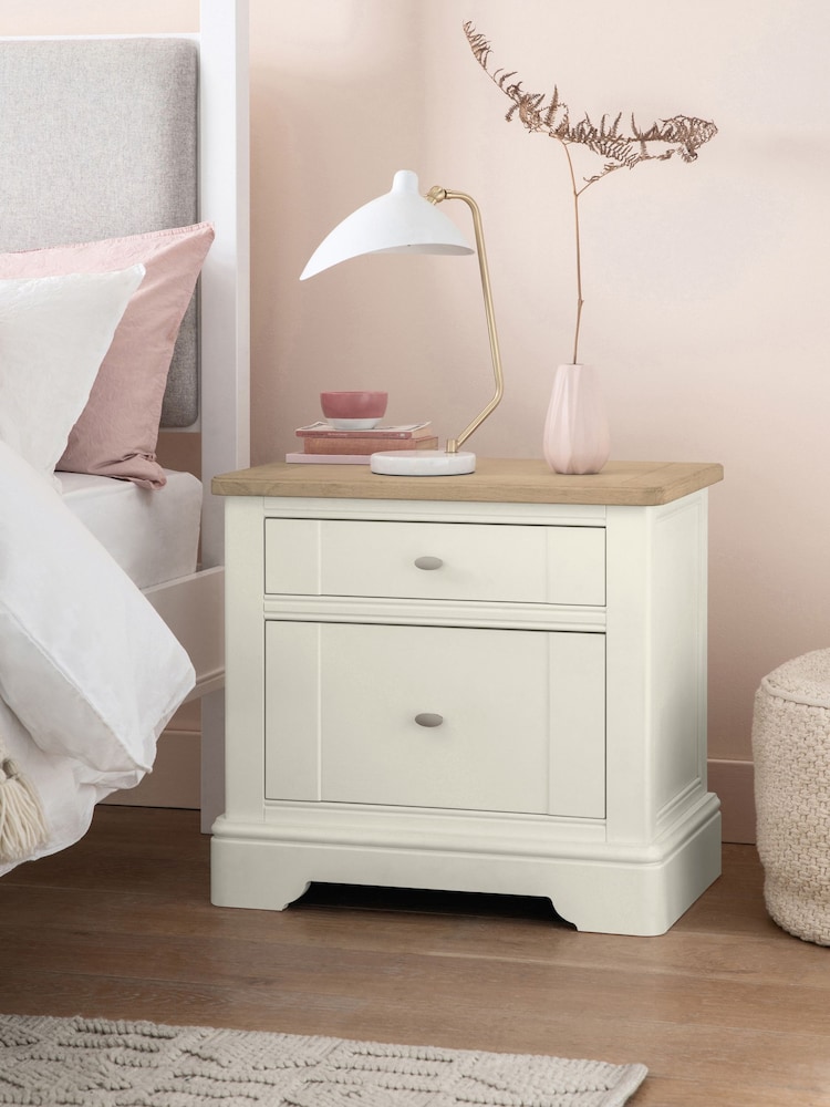 Chalk White Hampton Country Collection Luxe Painted Oak 2 Drawer Wide Bedside Table - Image 1 of 10
