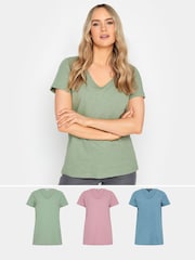 Long Tall Sally Sage Green/Pink 100% Cotton V-Neck T-Shirts 3 Pack - Image 1 of 5