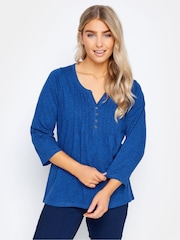 M&Co Blue Dark 3/4 Length Sleeve Henley 100% Cotton Top - Image 1 of 4