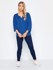 M&Co Blue Dark 3/4 Length Sleeve Henley 100% Cotton Top - Image 2 of 4