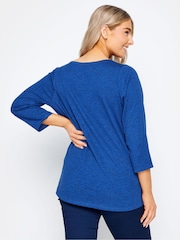 M&Co Blue Dark 3/4 Length Sleeve Henley 100% Cotton Top - Image 3 of 4