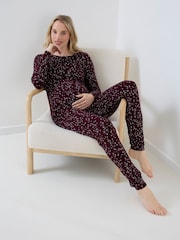 JoJo Maman Bébé Burgundy Star Jersey Maternity & Nursing Pyjama Set - Image 1 of 5