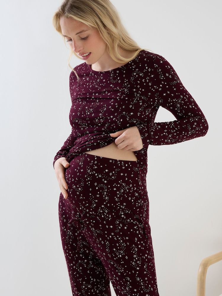 JoJo Maman Bébé Burgundy Star Jersey Maternity & Nursing Pyjama Set - Image 2 of 5 JoJo Maman Bébé Burgundy Star Jersey Maternity & Nursing Pyjama Set - Image 2 of 5