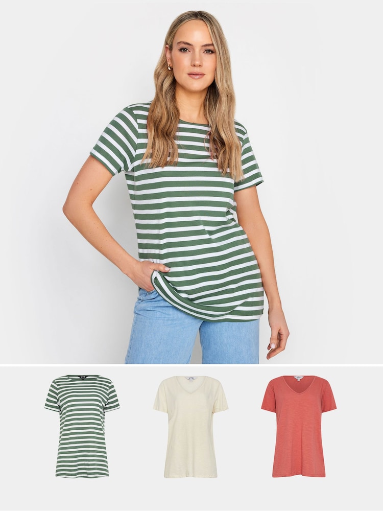 Long Tall Sally Cream/Khaki Green 100% Cotton V-Neck T-Shirts 3 Pack - Image 1 of 5