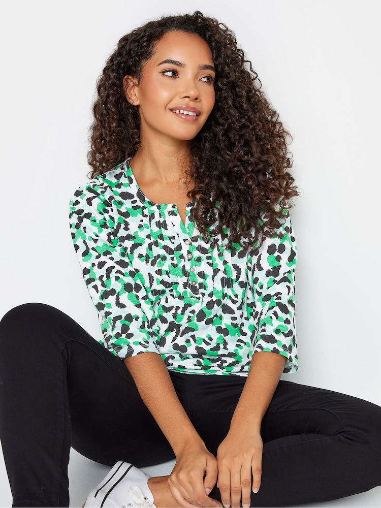 M&Co Green 3/4 Length Sleeve Henley 100% Cotton Green Top - Image 4 of 4