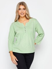 M&Co Green Petite 3/4 Length Sleeve Henley 100% Cotton Top - Image 1 of 4