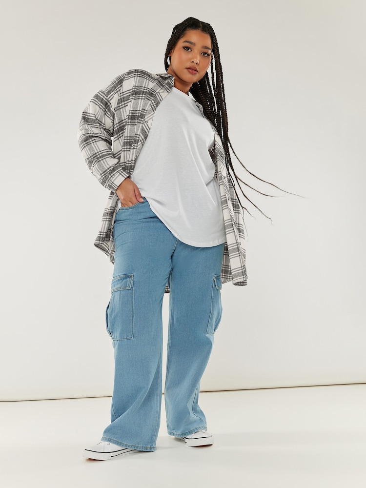 Yours Curve White/Grey Boyfriend Check 100% Cotton Shirt - Image 1 of 5