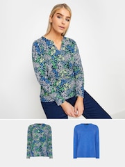 M&Co Blue Notch Neck 100% Cotton Tops 2 Pack - Image 1 of 5