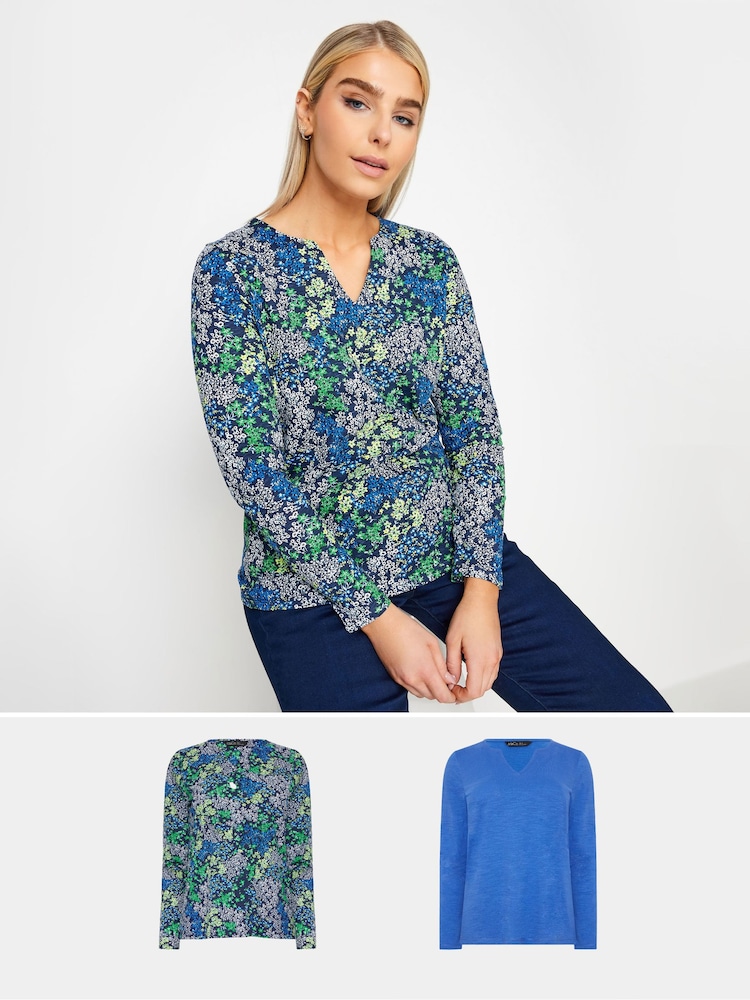 M&Co Blue Notch Neck 100% Cotton Tops 2 Pack - Image 1 of 5
