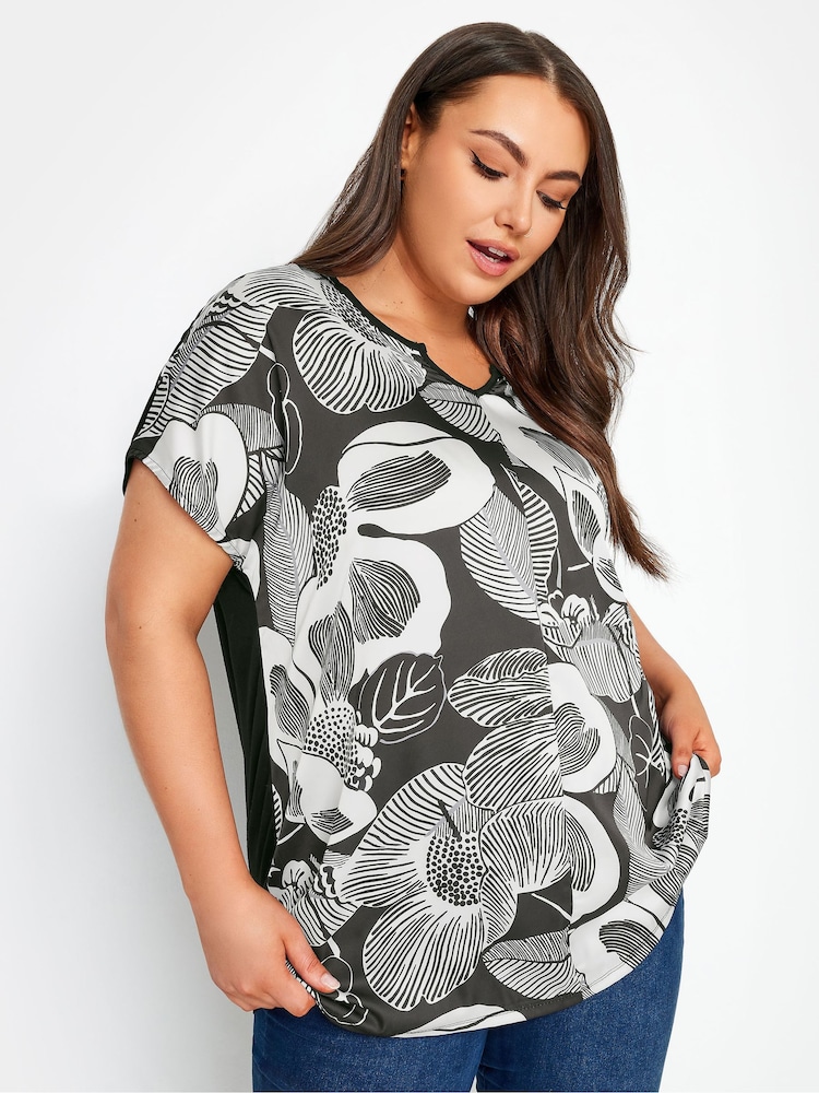 Yours Curve Black White Floral Print Blouses - Image 1 of 4