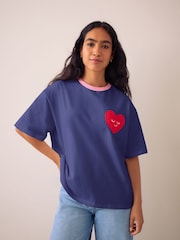Little Bird by Jools Oliver Navy Applique Heart Boxy T-Shirt - Image 1 of 5