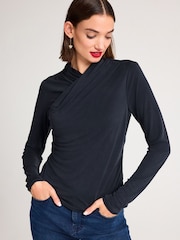 Navy Blue Wrap Neck Modal Rich Long Sleeve Top - Image 1 of 6