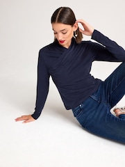 Navy Blue Wrap Neck Modal Rich Long Sleeve Top - Image 2 of 6