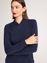 Navy Blue Wrap Neck Modal Rich Long Sleeve Top - Image 4 of 6
