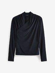Navy Blue Wrap Neck Modal Rich Long Sleeve Top - Image 5 of 6