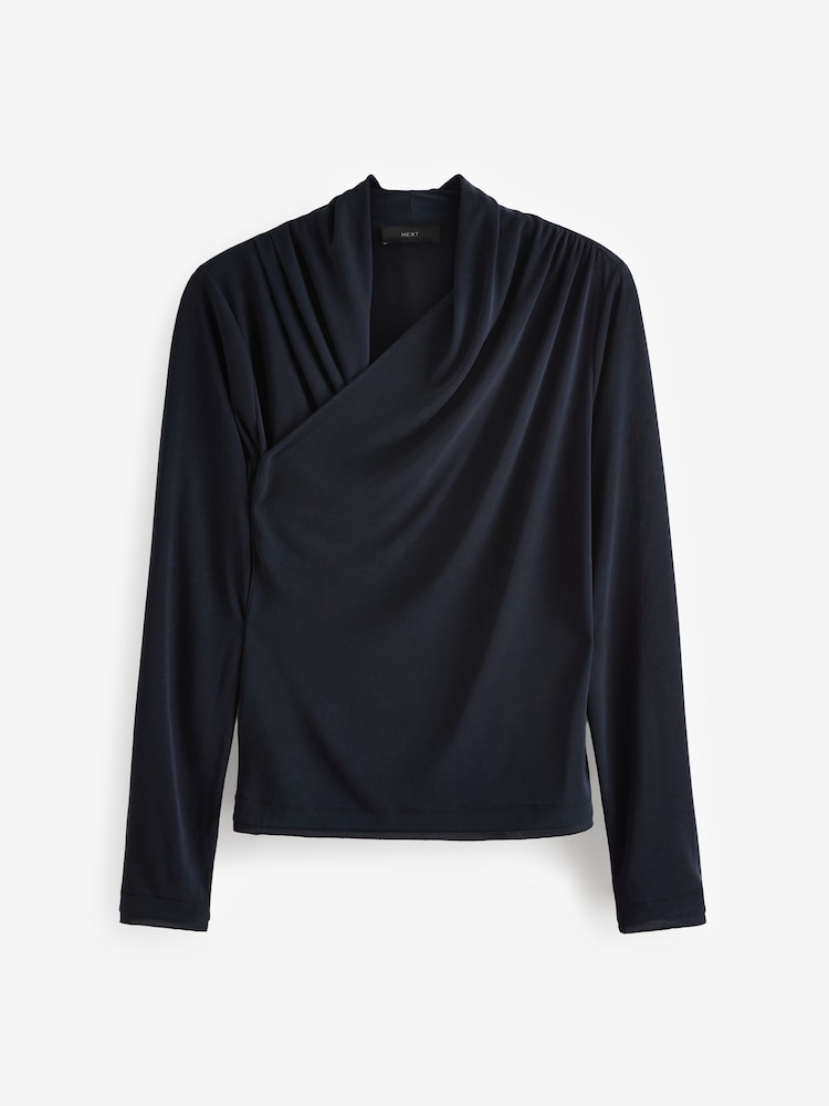 Navy Blue Wrap Neck Modal Rich Long Sleeve Top - Image 5 of 6