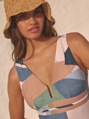 Blue/Cream Abstract Print Plunge Tummy Shaping Control Swimsuit - Image 3 of 6