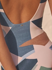 Blue/Cream Abstract Print Plunge Tummy Shaping Control Swimsuit - Image 5 of 6