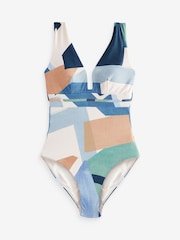 Blue/Cream Abstract Print Plunge Tummy Shaping Control Swimsuit - Image 6 of 6
