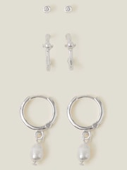 Accessorize Sterling Silver Pearl Stud and Hoop Earrings - Image 1 of 3