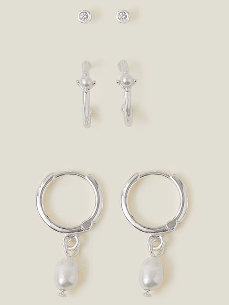 Accessorize Sterling Silver Pearl Stud and Hoop Earrings - Image 1 of 3