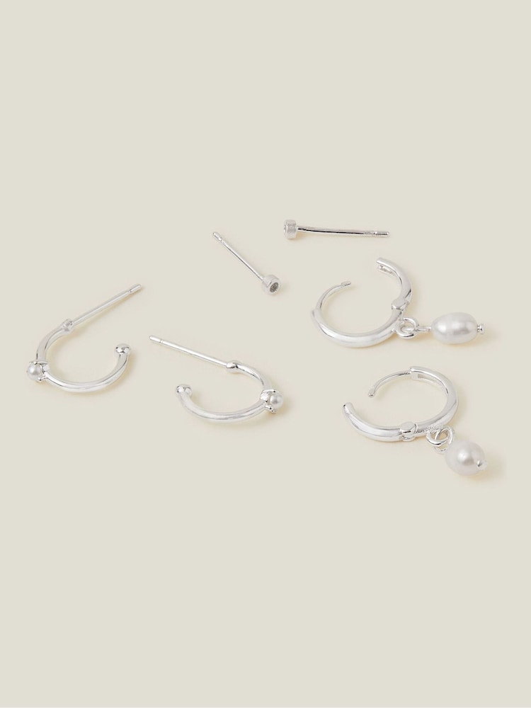 Accessorize Sterling Silver Pearl Stud and Hoop Earrings - Image 2 of 3