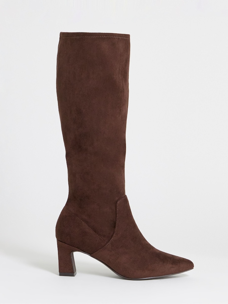 JD Williams Brown Standard Fit Pointed Block Heel Stretch Knee High Boots - Image 2 of 4 JD Williams Brown Standard Fit Pointed Block Heel Stretch Knee High Boots - Image 2 of 4