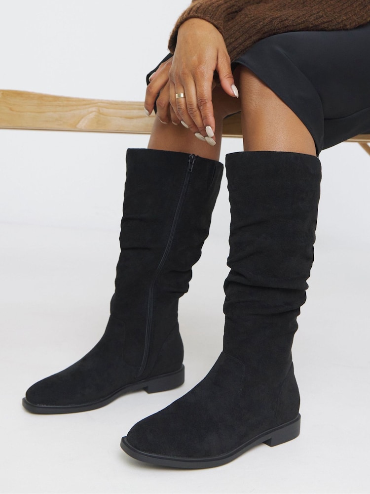JD Williams Black Wide Fit Knee High Ruched Boots - Image 1 of 5 JD Williams Black Wide Fit Knee High Ruched Boots - Image 1 of 5