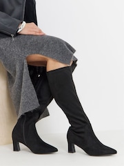 JD Williams Soft Black Wide Fit Pointed Block Heel Stretch Knee High Boots - Image 1 of 4