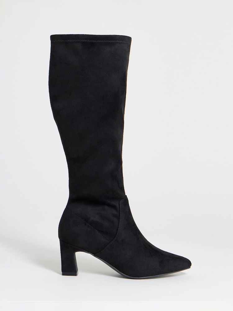 JD Williams Soft Black Wide Fit Pointed Block Heel Stretch Knee High Boots - Image 2 of 4 JD Williams Soft Black Wide Fit Pointed Block Heel Stretch Knee High Boots - Image 2 of 4