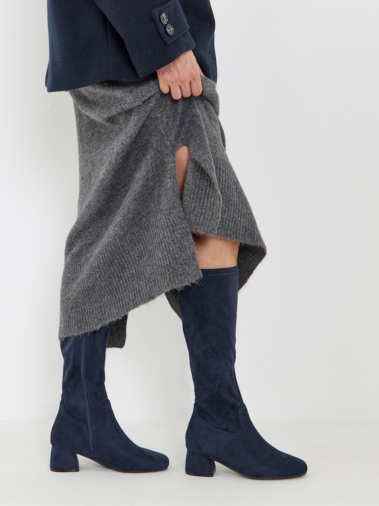 JD Williams Blue Wide Fit Block Heel Stretch Knee High Boots - Image 1 of 4 JD Williams Blue Wide Fit Block Heel Stretch Knee High Boots - Image 1 of 4