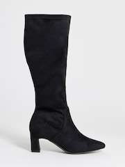 JD Williams Soft Black Extra Wide Fit Pointed Block Heel Stretch Knee High Boots - Image 2 of 4