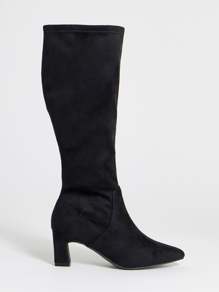JD Williams Soft Black Extra Wide Fit Pointed Block Heel Stretch Knee High Boots - Image 2 of 4