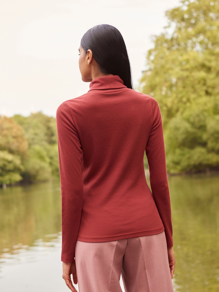 Red Long Sleeve Ribbed Roll Neck Top - Image 3 of 6