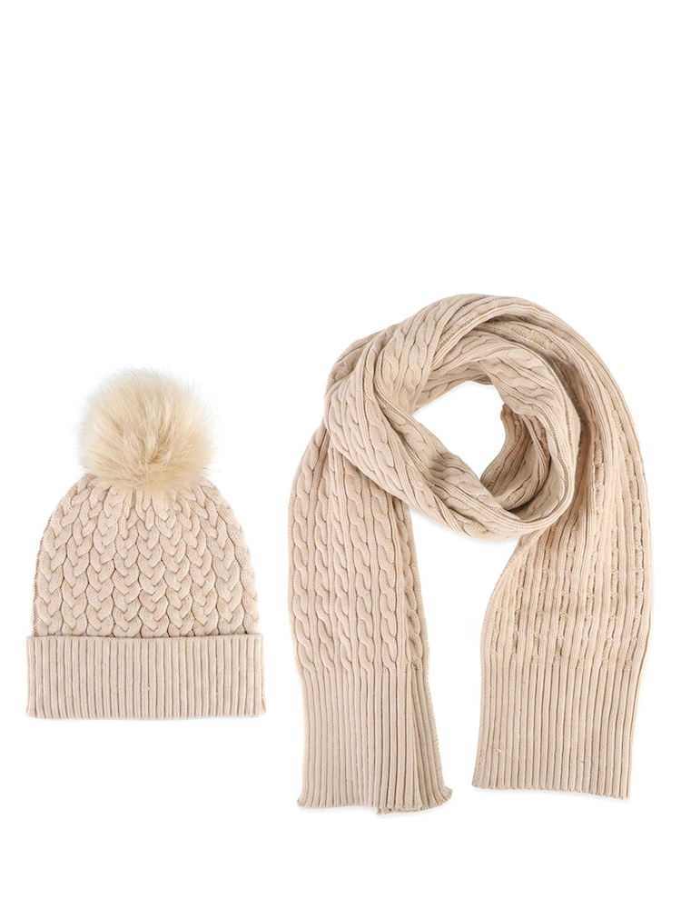 Jones Bootmaker Sand Valkyrie Soft Knitted Pom Hat & Scarf Set - Image 1 of 4 Jones Bootmaker Sand Valkyrie Soft Knitted Pom Hat & Scarf Set - Image 1 of 4