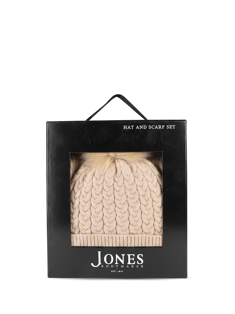 Jones Bootmaker Sand Valkyrie Soft Knitted Pom Hat & Scarf Set - Image 4 of 4 Jones Bootmaker Sand Valkyrie Soft Knitted Pom Hat & Scarf Set - Image 4 of 4