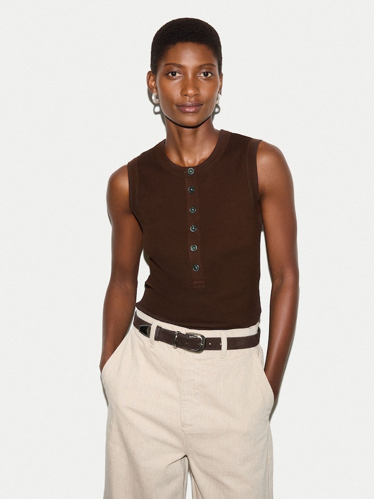 Jigsaw Brown Ribbed Henley Vest - Image 1 of 5 Jigsaw Brown Ribbed Henley Vest - Image 1 of 5