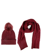 Jones Bootmaker Burgundy Red Valkyrie Soft Knitted Pom Hat & Scarf Set - Image 1 of 4