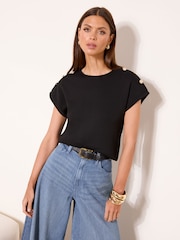 Lipsy Black/White Military Button Detail Round Neck T-Shirts 2 Pack - Image 2 of 6