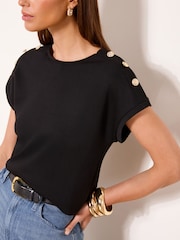 Lipsy Black/White Military Button Detail Round Neck T-Shirts 2 Pack - Image 3 of 6