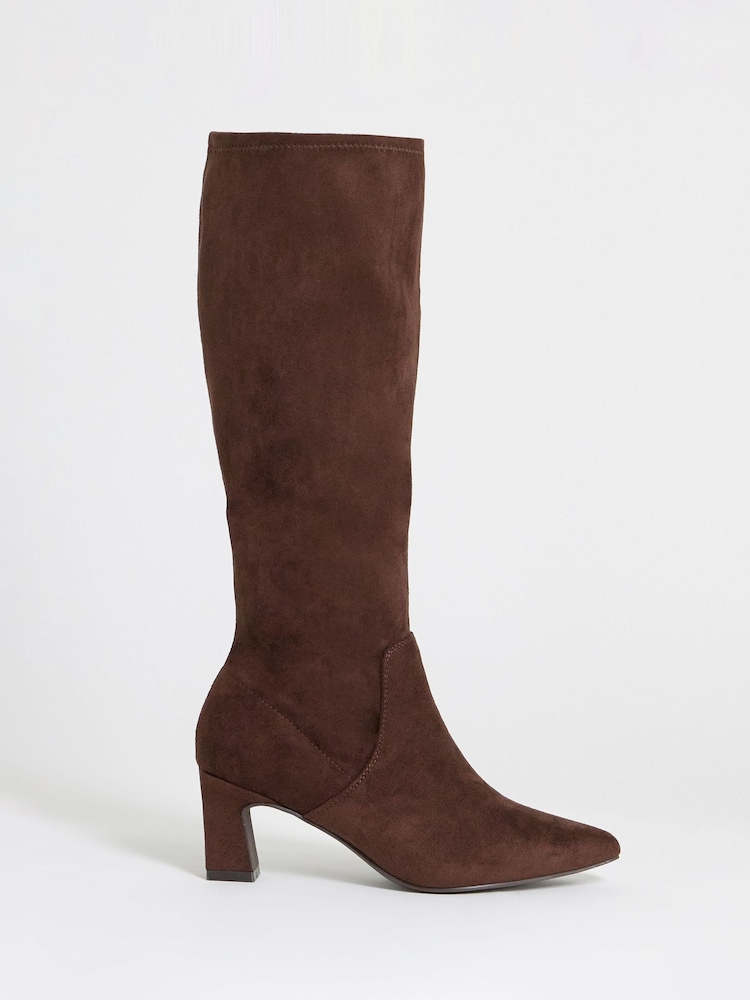 JD Williams Brown Wide Fit Pointed Block Heel Stretch Knee High Boots - Image 2 of 4