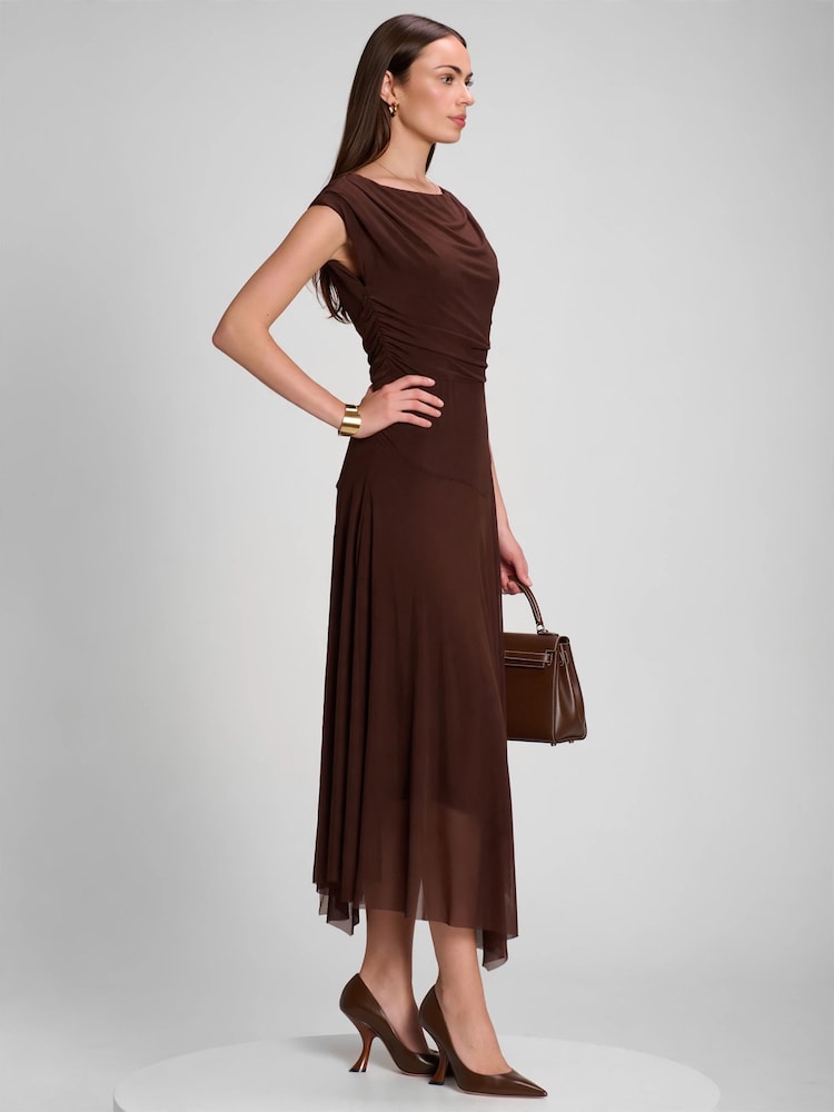 Jolie Moi Brown Asymmetrical Draped Mesh Maxi Dress - Image 6 of 6 Jolie Moi Brown Asymmetrical Draped Mesh Maxi Dress - Image 6 of 6