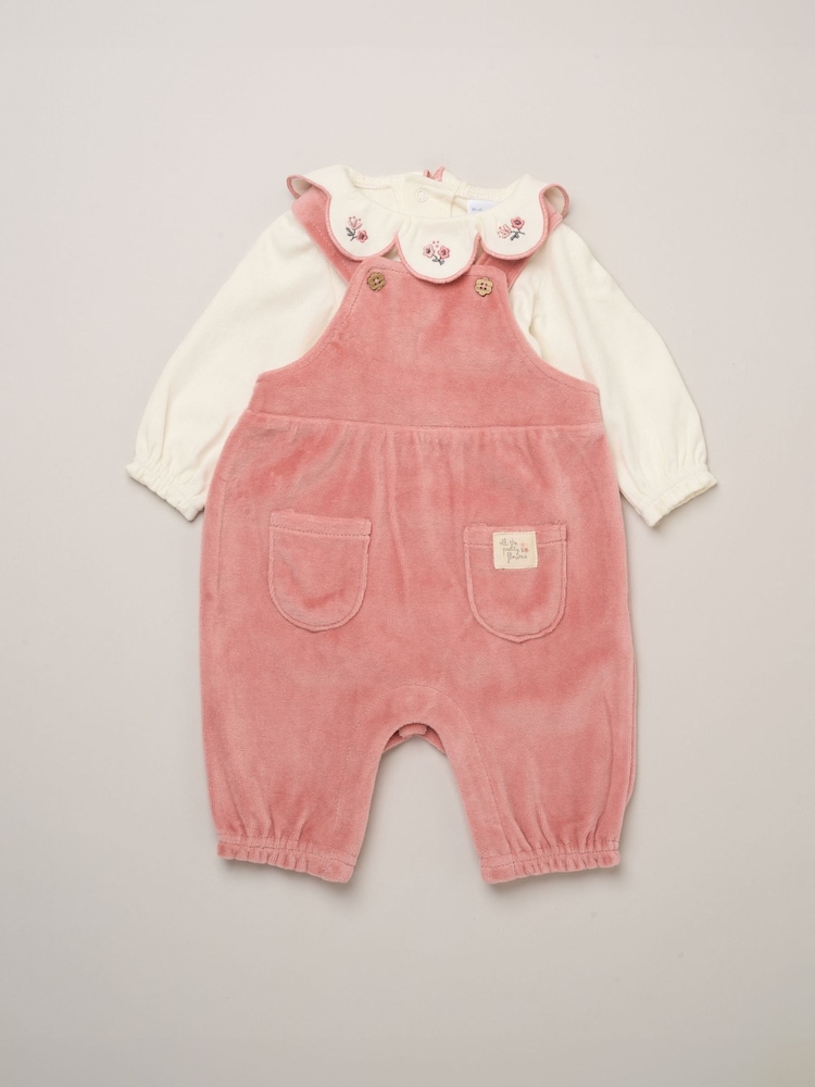 Rock-A-Bye Baby Boutique Pink Bodysuit Embroidered Collar and Velour Dungarees Set - Image 1 of 5 Rock-A-Bye Baby Boutique Pink Bodysuit Embroidered Collar and Velour Dungarees Set - Image 1 of 5