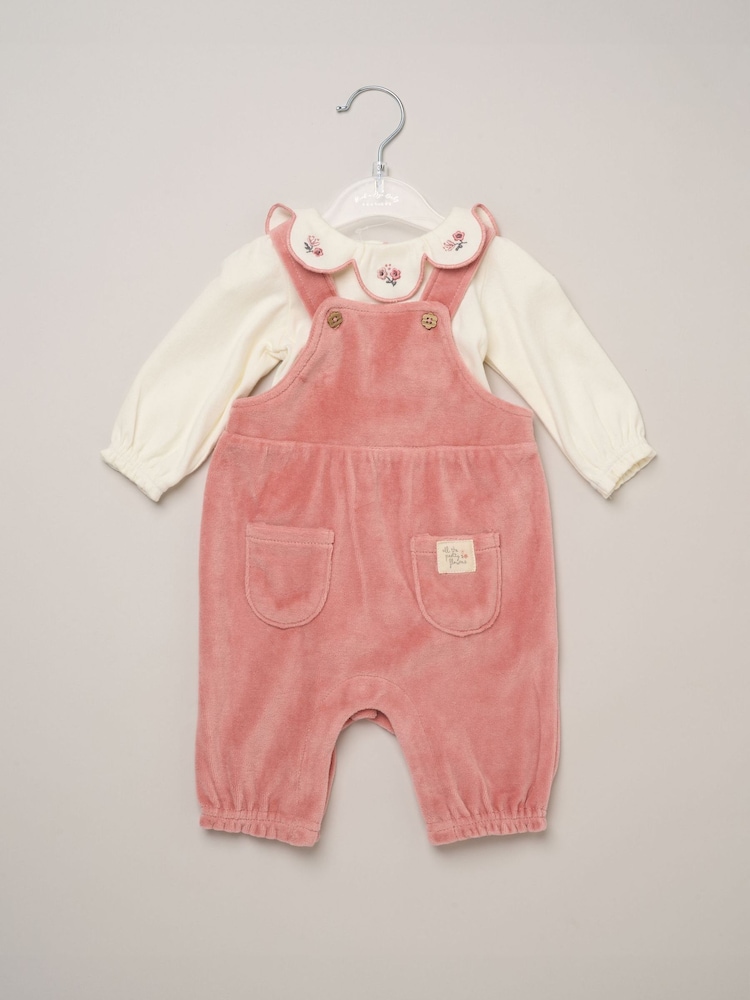 Rock-A-Bye Baby Boutique Pink Bodysuit Embroidered Collar and Velour Dungarees Set - Image 2 of 5