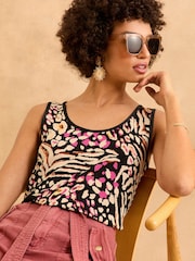 Love & Roses Black And Pink Animal Print Jersey Scoop Neck Vest Top - Image 1 of 4