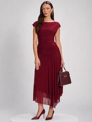 Jolie Moi Red Asymmetrical Draped Mesh Maxi Dress - Image 1 of 6