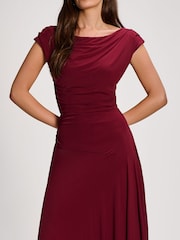 Jolie Moi Red Asymmetrical Draped Mesh Maxi Dress - Image 3 of 6